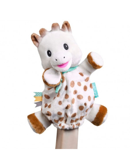 Doudou Marioneta Sophie. Marioneta de peluche que sujeta una mano con forma de jirafa de color blanco, marrón y azul