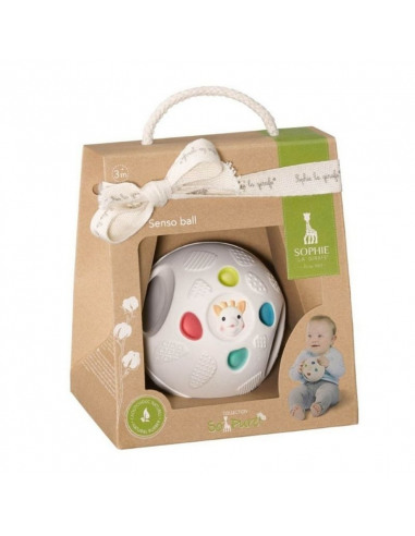So'pure Senso'Ball Sophie la girafe. Pelota blanca con la cara de Sophie y agujeros de colores en la caja So'pure Senso'Ball Sophie la girafe. Pelota blanca con la cara de Sophie y agujeros de colores en la caja
