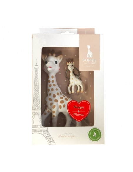 Sophie la girafe Happy Mama. Mordedor y llavero de Sophie la girafe en la caja.