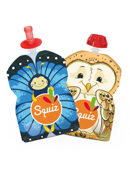 Set de 2 bolsas SQUIZ Natura 90 ml (diseño búho y mariposa) + 1 boquilla ergonómica de silicona SQUIZ'TOP