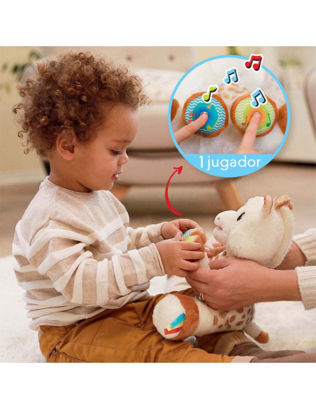 Touch and Play Music Plush. Peluche de la jirafa Sophie de color blanco y marrón con un bebé jugando