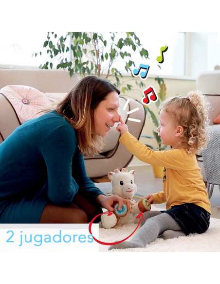 Touch and Play Music Plush. Peluche de la jirafa Sophie de color blanco y marrón, con bebé y madre jugando